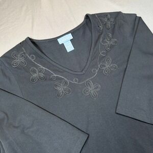 Liz & Me Women 0X 14/16W Black Soutache Embroidered V-Neck 3/4 Sleeve Top Casual